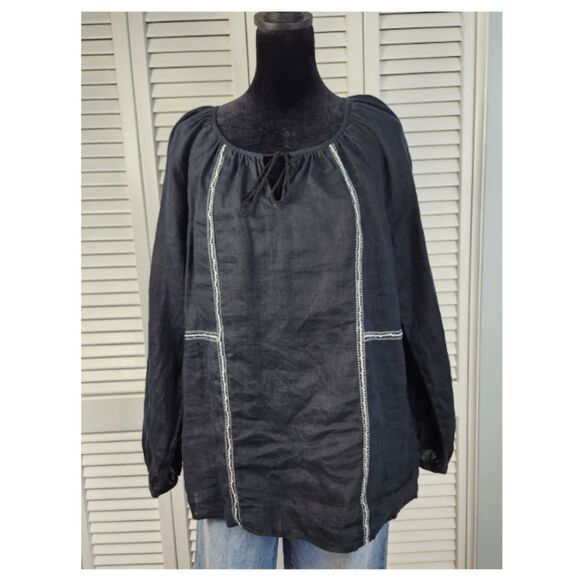 St. Tropez West Embroidered 100% Linen Blouse Black Size Medium Boho Peasant - Picture 2 of 11